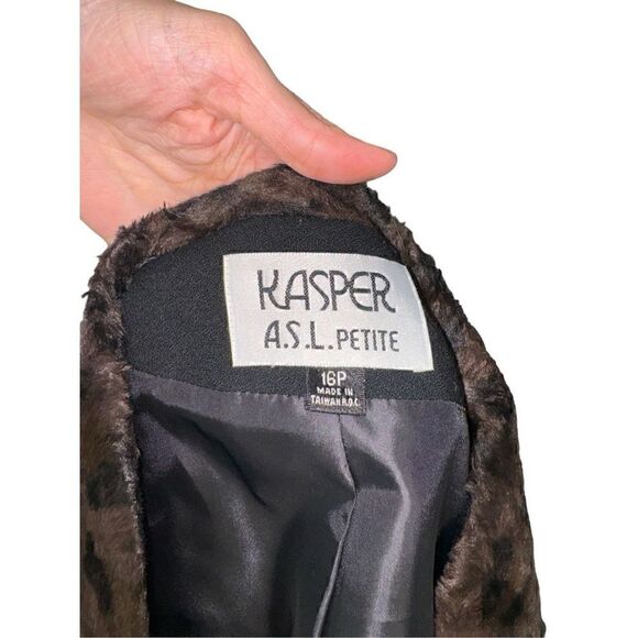 Womens Suit Jacket Blazer Black Pockets Leopard Trim Collar - Picture 7 of 7